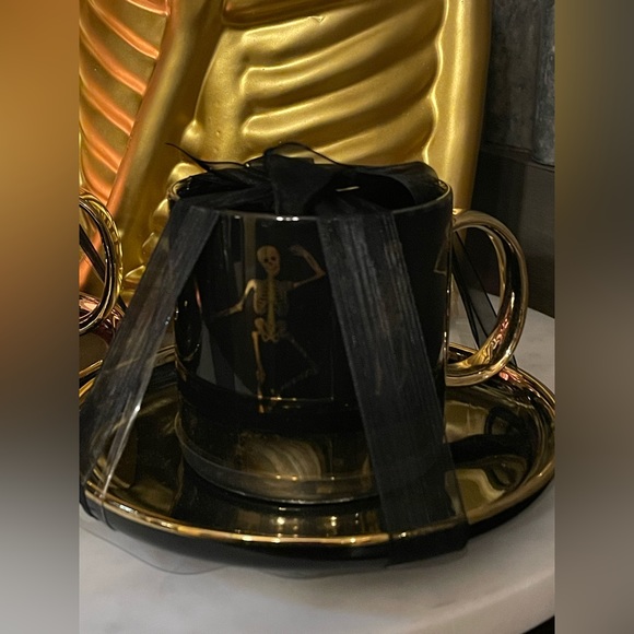 ELEGANCE NWOT Skeletons Cup And Saucer Set Black W/Gold Trim 🖤💛💀💛🖤 - Picture 8 of 8